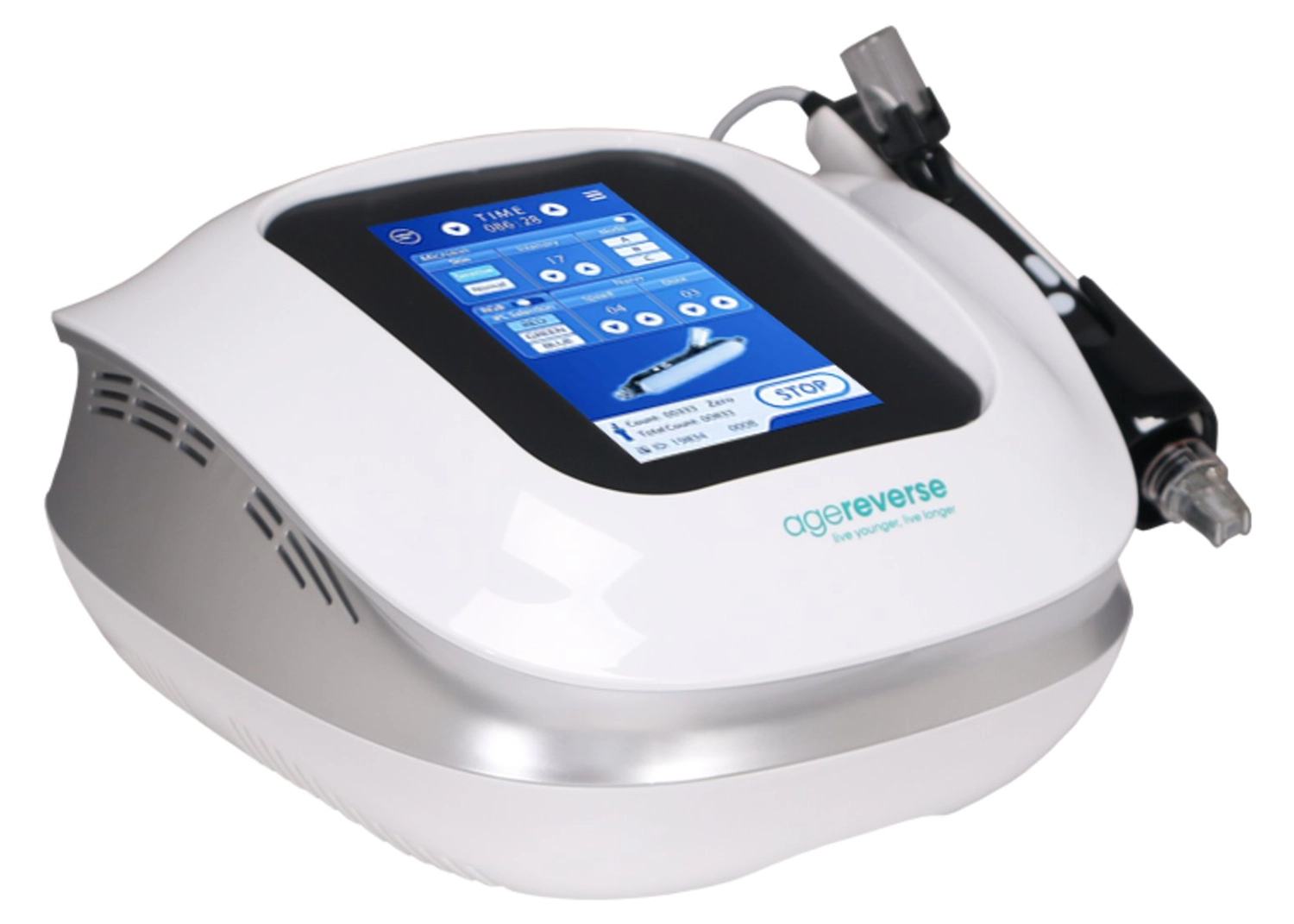 agereverse-anti-aging-non-invasive-meso-theraphy-device-two Non-invasive 4-in-1 mesotherapy skincare device with EMS, RF, nano-infusion, and LED light technology